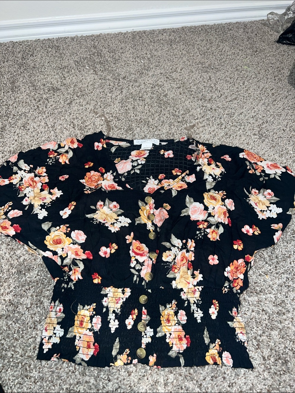 Planet Gold Black Floral Button-Front Smocked Waist Top